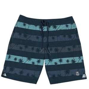 Travis Mathew Men’s Boardshorts Striped Blue Palm Tree Print 34in